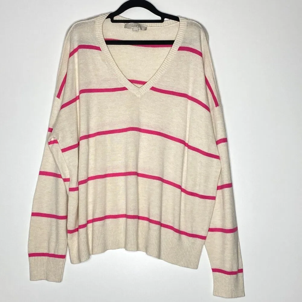 LOFT Striped V-Neck Knit Drop Shoulder Sweater Women's Size XL - Picture 8 of 8